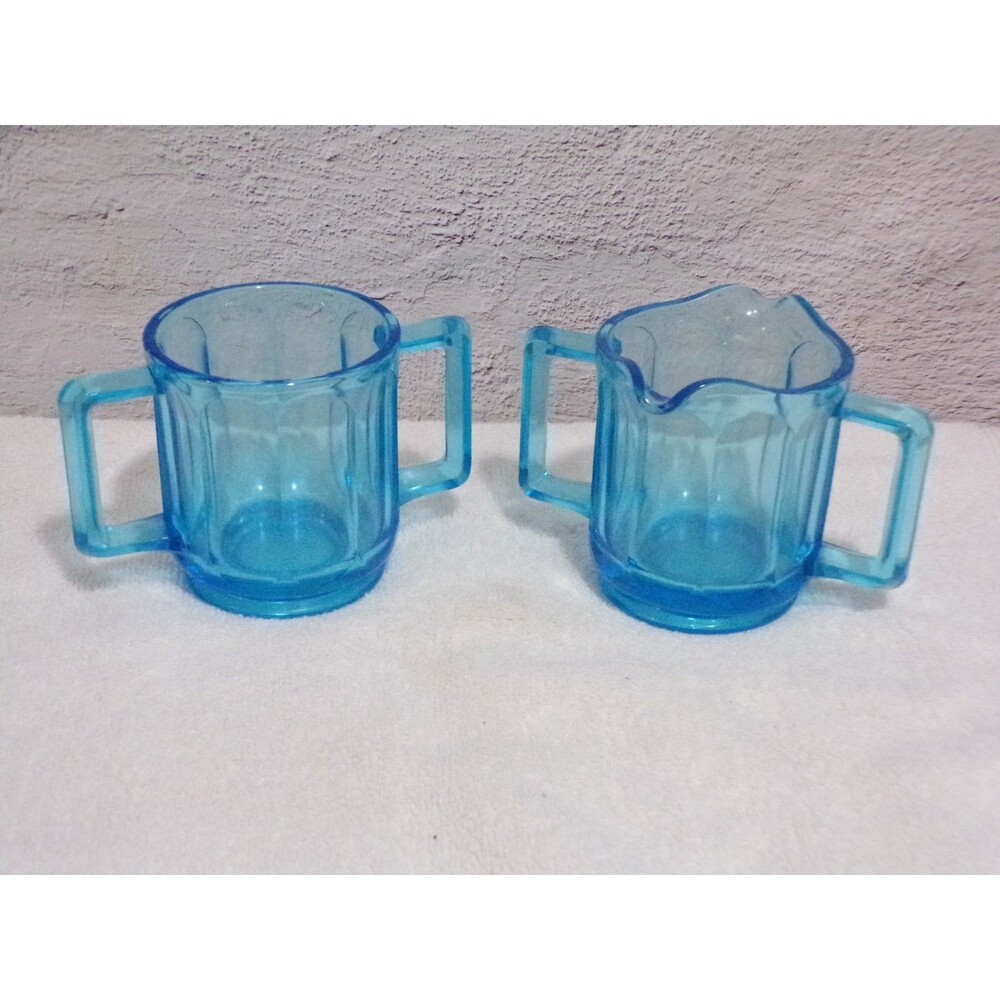 Tiara Glass Blue Horizon Paneled Double Handle Sugar & Creamer Vintage
